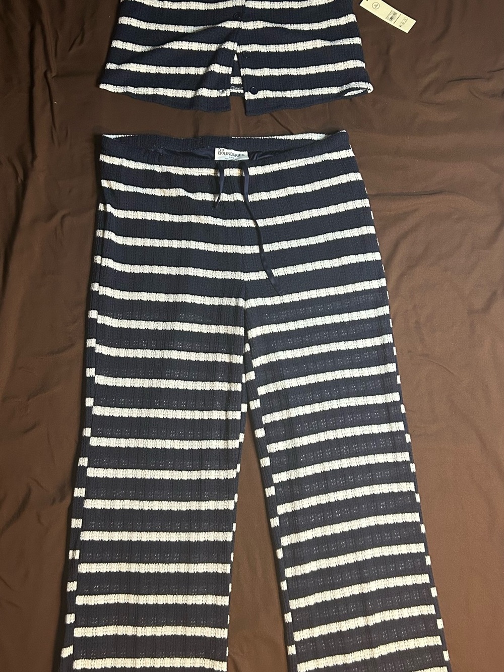 No Boundaries Navy & White Striped Wide-Leg Knit Pants